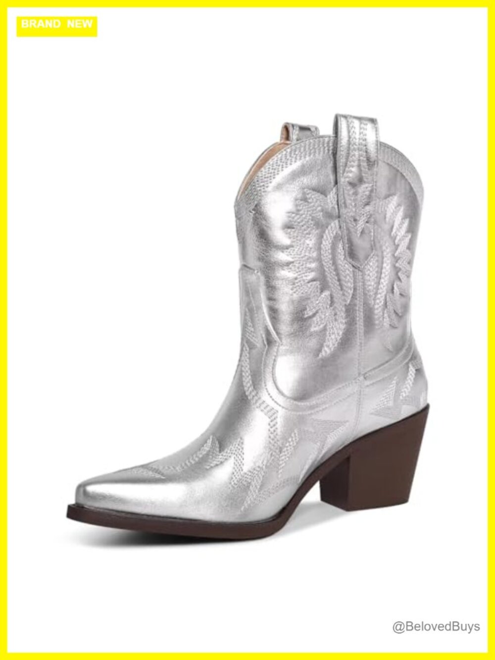 Women's Western Ankle Cowboy Boots Pointed Toe Chunky Heel Metallic PU Wide Calf